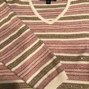 St. John V-Neck Sweater - burgundy and Tan Stripes